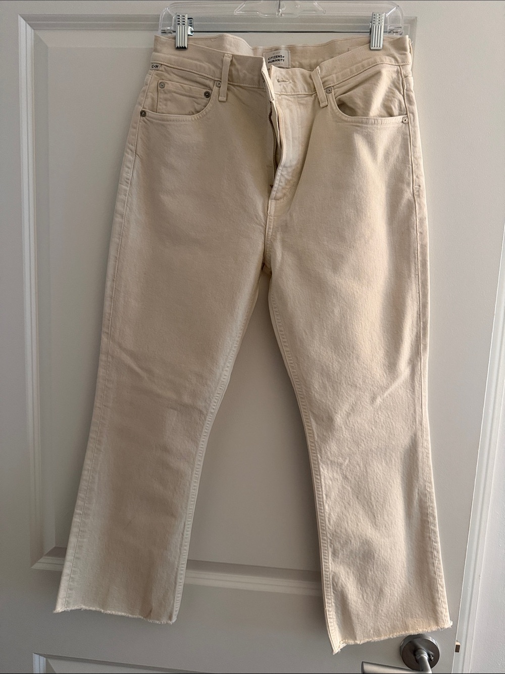 Citizens of Humanity Isola Cropped Flare Raw Hem White Jeans